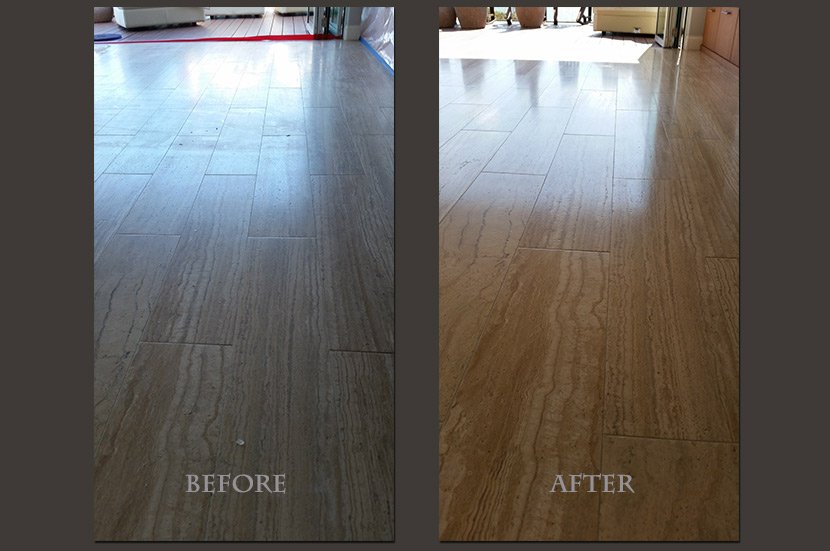 veined cut travertine plank floor restored before and after